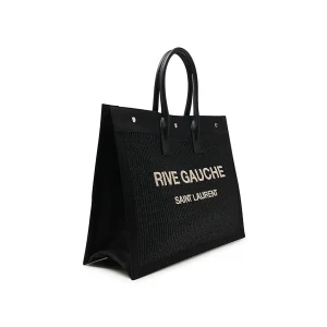 BLACK LEATHER AND CANVAS RIVE GAUCHE TOTE BAG