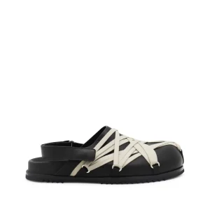 BLACK LEATHER MEGALACED MULE GRANOLA FLATS