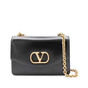 BLACK LEATHER VAIN SHOULDER BAG