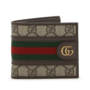 BROWN LEATHER AND CANVAS OPHIDIA GG WALLET