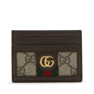 BROWN LEATHER AND CANVAS OPHIDIA GG SUPREME CARD HOLDER