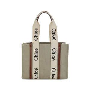 WHITE BROWN CANVAS WOODY MEDIUM TOTE BAG