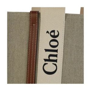 WHITE BROWN CANVAS WOODY MEDIUM TOTE BAG