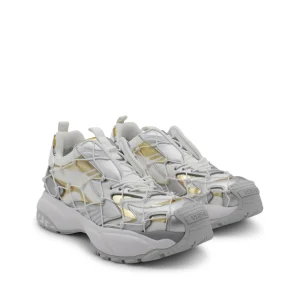 WHITE, GREY AND GOLD-TONE CANVAS SNEAKERS